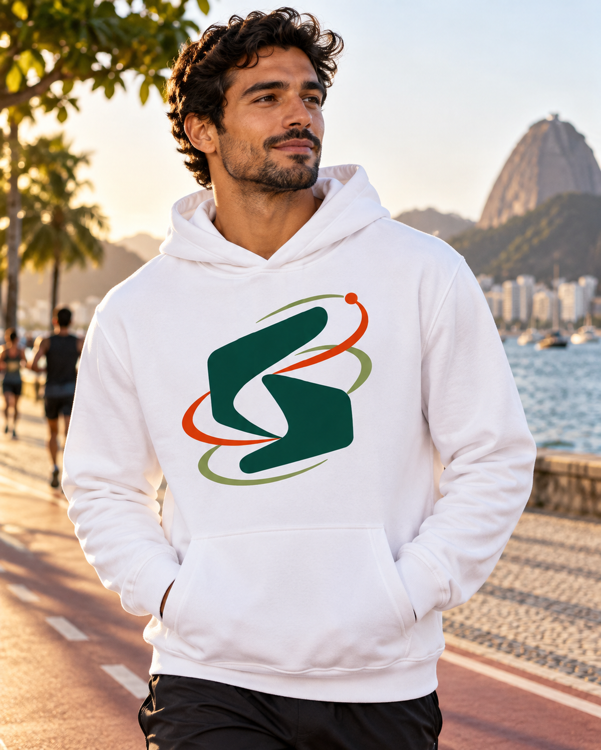 Modelo com hoodie Sinal em Movimento.