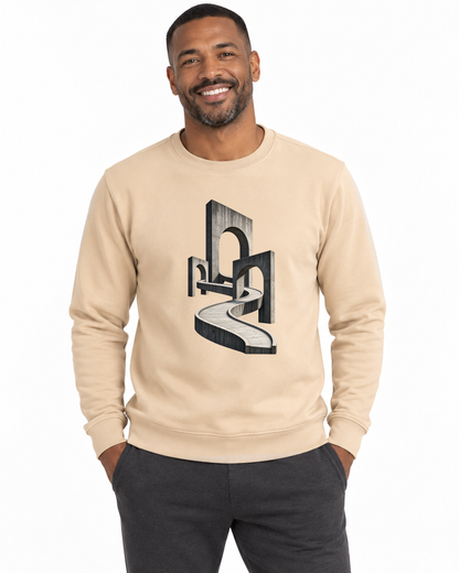 Suéter Moletom - Horizonte de Concreto, cor Bege, modelo masculino, estúdio